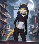 ambiguous_gender anthro armwear bottomwear cargo_pants city city_background clothed clothing collar elbow_gloves female flat_chested full_moon fully_clothed fur gloves handwear hoodie looking_at_viewer moon night pants pupils slit_pupils solo spots spotted_body spotted_fur standing topwear yellow_body yellow_eyes oldhroft sergal hi_res