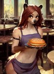 anthro auburn_hair brown_eyes burger cafe female food fur looking_at_viewer mammal midriff restaurant solo tahlia_(director) waitress