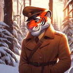 anthro belt black_stripes clothing coat formal_clothing fur hat headgear headwear jacket male markings military military_uniform necktie orange_body orange_fur pink_nose plant shirt snow_everywhere snow_on_branches snow_on_ground solo striped_body striped_fur striped_markings striped_tail stripes sunrise sunset tail_markings topwear tree undershirt uniform nikkolaus felid mammal pantherine tiger