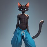 anthro baggy_pants big_ears black_body black_fur blue_eyes fur looking_at_viewer male shirtless smile solo nonimousmate tom_the_cat domestic_cat felid feline felis mammal