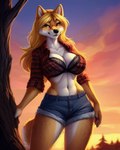 anthro attempted_signature big_breasts blonde_hair breasts canid canine canis cleavage clothed clothing domestic_dog eminence female forest hair mammal plant shelly shiba_inu solo spitz sunset tree