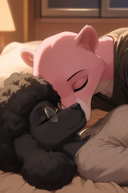 anthro black_body black_fur black_hair clothed clothing dim_lighting duo eyes_closed eyewear female fur glasses hair inside kissing_cheek lying male on_back pink_body pink_fur sleeping smile wholesome_content kbi precelia_(kbi) canid canine canis domestic_dog felid humanoid mammal pantherine poodle 2025