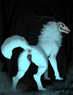 anatomically_correct anatomically_correct_anus anatomically_correct_genitalia anatomically_correct_pussy animal_genitalia animal_pussy antlers anus black_pussy bone butt canine_genitalia canine_pussy claws fangs female feral fog forest fur genitals glowing glowing_eyes horn looking_at_viewer looking_back neck_tuft night outside pink_anus plant presenting presenting_anus presenting_hindquarters presenting_pussy pussy quadruped raised_tail rear_view skull skull_head solo tail teeth tree tuft white_body white_fur anotheranon canid canine canis mammal monster wendigo wolf absurd_res hi_res