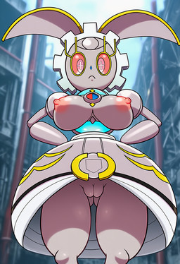 areola big_breasts bottomwear breasts butt butt_from_the_front clothed clothing factory female frown genitals grey_body hands_on_hips innie_pussy inside looking_at_viewer low-angle_view machine metal nipples no_underwear not_furry pink_eyes presenting presenting_pussy pussy skirt solo standing topless upskirt boxen549 nintendo pokemon generation_7_pokemon humanoid legendary_pokemon magearna pokemon_(species) robot video_games hi_res