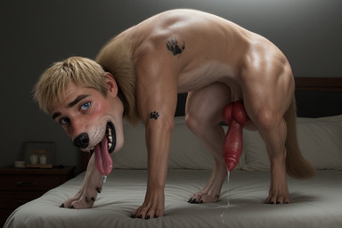 animal_genitalia bedroom canine_genitalia demi_transformation feral genitals hairless male mid_transformation pupcrux solo canid canine human hybrid mammal