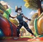 anthro armor female harness headgear helmet inflatable_obstacle_course solo gusc3 canid canine cervid fox hybrid mammal hi_res