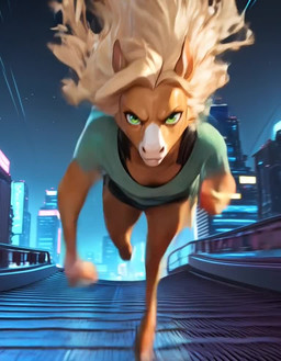 ambiguous_gender anthro blonde_hair blue_bottomwear blue_clothing blue_shorts bottomwear brown_body brown_fur clothing cybernetic_limb cybernetic_torso cybernetics cyberpunk footwear fur green_bottomwear green_clothing green_eyes green_footwear green_shoes green_shorts hair machine music pink_nose shoes shorts sneakers solo solo_focus sound_warning bahufaru equid equine horse mammal animated sound webm