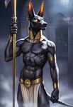 2024 abs anthro black_body black_fur black_nipples black_nose bottomwear claws clothing dark_body ear_piercing egyptian egyptian_mythology facial_markings fangs fur glowing glowing_eyes head_markings loincloth male male_focus markings muscular muscular_male mythology navel navel_piercing nipples piercing scar skinny solo staff avaru anubis anubian_jackal canid canine canis deity humanoid jackal mammal mythological_canine mythological_creature hi_res tagme