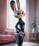 anthro butt clothing ears_up female glistening glistening_clothing hand_on_butt latex latex_clothing looking_at_viewer looking_back looking_back_at_viewer presenting presenting_hindquarters realistic_fur realistic_lighting rear_view rubber rubber_clothing rubber_suit smile solo tight_clothing zootopia purrfectlyai judy_hopps lagomorph leporid mammal rabbit absurd_res hi_res