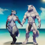 agreenfish anthro balls biceps big_balls big_breasts big_muscles big_penis black_body black_fur black_penis breasts canid canine canis claws detailed_background digitigrade duo female flaccid fluffy fluffy_fur fluffy_tail fur genitals grey_body grey_fur hand_holding huge_breasts looking_at_another looking_at_partner male male/female mammal muscular muscular_female muscular_male nipples nude pecs penis pussy standing white_body white_fur wolf