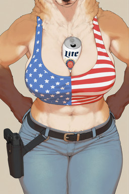 abs alcohol american_flag_bikini anthro athletic athletic_female beer belt belt_buckle between_breasts beverage beverage_can big_breasts bikini blue_bottomwear blue_clothing bottomwear bra breasts brown_body brown_fur buckle cleavage clothed clothing container countershading crop_top denim denim_bottomwear denim_clothing faceless_character faceless_female female flag_bikini flag_clothing flag_print fur gloves_(marking) grey_background gun handgun hands_on_hips holster humor jeans markings midriff multicolored_body multicolored_fur muscular muscular_anthro muscular_female navel object_between_breasts pants pistol ranged_weapon shirt simple_background smile solo sports_bra standing stars_and_stripes swimwear tan_background tan_body tan_fur tank_top topwear tuft underwear united_states_of_america weapon wide_hips otteranon canid canine canis domestic_dog mammal spitz hi_res meme shaded