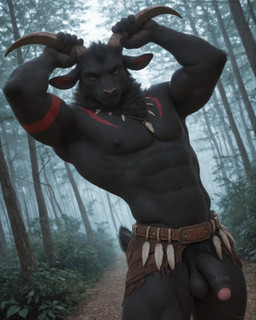 abs anthro armpit_hair armpit_showing ball balls bedroom_eyes belt black_balls black_body black_fur black_hair black_penis black_pubes blue_eyes body_hair chest_tuft detailed_background detailed_fur dim_lighting dutch_angle ears_aside feathers fog front_view fur genitals glans hair happy_trail holding_horn horn humanoid_genitalia humanoid_penis jewelry looking_at_viewer male markings muscular muscular_male narrowed_eyes nature nature_background navel neck_tuft necklace pecs penis pink_glans pink_nose plant pose presenting pubes realistic red_markings scut_tail seductive short_hair short_tail smile smirk smirking_at_viewer solo tail tree tribal tribal_belt tribal_jewelry tribal_markings tribal_necklace tuft k3y bovid caprine goat mammal detailed hi_res portrait stable_diffusion three-quarter_portrait watermark