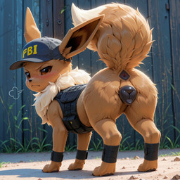 all_fours animal_genitalia animal_pussy annoyed anus black_anus black_pussy blush bodily_fluids breath brown_eyes bulletproof_vest canine_genitalia canine_pussy claws clothing cute_fangs female feral fluffy genitals hat headgear headwear inner_ear_fluff leg_wraps looking_at_viewer neck_tuft plump_labia pussy solo sweat toe_claws tuft wraps hydra_(director) nintendo pokemon eevee generation_1_pokemon pokemon_(species) hi_res