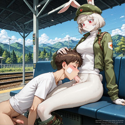 anime_eyes anime_style anthro bodily_fluids breasts clothed clothing fellatio genital_fluids genitals gynomorph intersex intersex/male male military_uniform mountains oral penile penis penis_in_mouth precum sex sitting sucking_penis train_station uniform sheishfed wild_assault hong_ying_(wild_assault) human lagomorph leporid mammal rabbit hi_res