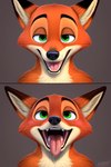 anthro blush bodily_fluids disney fur green_eyes looking_at_viewer male mouth_shot open_mouth presenting saliva simple_background smile smiling_at_viewer solo teeth zootopia angry_puppy nick_wilde canid canine canis fox mammal attempted_signature