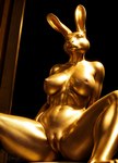 anthro breasts female genitals gold_body gold_skin gold_statue hi_res lagomorph leporid long_ears looking_at_viewer mammal nipples pussy rabbit sculpture sitting solo spread_legs spreading stablexai statue