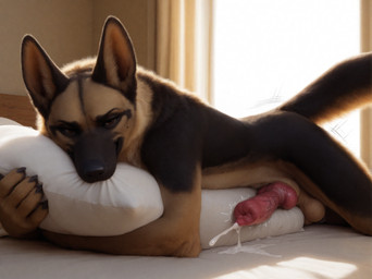 5_fingers anatomically_correct anatomically_correct_genitalia anatomically_correct_penis animal_genitalia animal_penis anthro arm_tuft balls bed bed_sheet bedding bedroom bite black_body black_claws black_fur black_nose blinds bodily_fluids brown_eyes canine_genitalia canine_penis chest_tuft claws cum cum_drip cum_pool cum_splatter cumshot dripping ejaculation erection eyebrows finger_claws fingers front_view fur furniture genital_fluids genitals head_on_pillow holding_object holding_pillow hugging_pillow humping inner_ear_fluff knot light looking_at_viewer lying male markings mole_(marking) naughty_face neck_tuft on_bed on_front penis pillow pillow_bite raised_tail sheath sheath_tuft side_view simple_background smile solo sunlight tan_body tan_fur throbbing throbbing_balls throbbing_penis thrust_lines thrusting tuft knotanotherfurry canid canine canis domestic_dog german_shepherd herding_dog mammal pastoral_dog hi_res