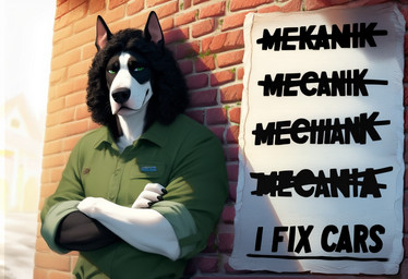 anthro black_body black_claws black_fur black_hair brick_wall claws clothing coveralls crossed_arms curled_hair fur green_clothing green_eyes hair leaning_on_wall looking_at_viewer male multicolored_body multicolored_fur sign smirking_at_viewer solo text wall_(structure) white_body white_fur polar_(director) canid canine canis domestic_dog great_dane mammal mastiff molosser english_text
