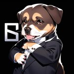 ambiguous_gender anthro black_background black_clothing black_nose black_suit black_tie_(suit) brown_body brown_eyes brown_fur canid canine canis clothing domestic_dog fur hi_res looking_at_viewer mammal necktie paws shaded simple_background solo suit tongue whiskers