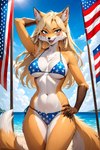 2024 anthro beach bikini blonde_hair blue_eyes bodypaint breasts clothed clothing cloud detailed_background face_paint female front_view fur hair hands_on_legs open_mouth orange_body orange_fur seaside solo stars_and_stripes sunny swimwear united_states_of_america white_body white_fur henriqueplytz canid canine fox mammal absurd_res hi_res