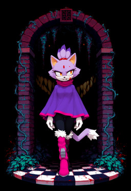 alternate_costume anthro arch blood blood_on_face bodily_fluids boots checkered_floor clenched_teeth clothing female footwear gloves handwear horror_(theme) looking_aside plant poncho sharp_teeth solo teeth vines walking walking_towards_viewer gshepanon outcome_memories sega sonic_the_hedgehog_(series) blaze_the_cat felid feline felis mammal absurd_res hi_res