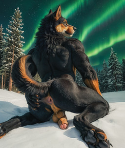 anthro anus aurora_borealis balls black_body black_fur black_lips brown_body brown_fur claws foreskin fur genitals lips looking_at_viewer looking_back looking_back_at_viewer male night pawpads paws penis rear_view snow solo spread_anus spreading winter wolfs-chaser canid canine canis mammal werecanid werecanine werecreature werewolf wolf hi_res