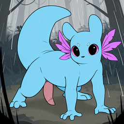 all_fours black_eyes ears_up feral forest genitals gills glans looking_at_viewer male mouthless nose penis pink_sclera plant raining solo tail tail_up tree snivyesp rain_world videocult rivulet_(rain_world) slugcat