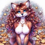 anthro blue_eyes breasts coin featureless_breasts female fluffy fur hair jewelry looking_at_viewer money navel necklace nude open_mouth open_smile smile solo director_sunshine canid canine fox mammal colorful