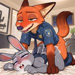 anthro ass_up bodily_fluids clothing cum cum_in_mouth cum_inside cum_on_body doggystyle drooling drunk duo female from_behind_position fucked_silly genital_fluids male male/female motion_lines police_uniform saliva sex substance_intoxication uniform girka zootopia judy_hopps nick_wilde canid canine fox lagomorph leporid mammal rabbit