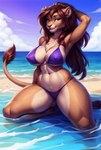 absurd_res anthro beach beach_background bikini brown_body brown_fur brown_hair chest_tuft clothing cloud felid female fur gradient_background green_eyes hair hand_behind_head hi_res isengrim lion long_hair looking_at_viewer mammal navel nipple_outline pantherine purple_clothing seaside simple_background sitting_up solo string_bikini swimwear thick_thighs tuft wave