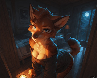 anthro bedroom bedroom_eyes blue_eyes breasts candle cleavage clothed clothing female high-angle_view leaning leaning_forward looking_at_viewer medium_breasts moon narrowed_eyes night off_shoulder seductive smile solo sweatshirt ivorymane canid canine mammal watermark