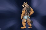 abstract_background anthro barefoot briefs brown_body brown_fur claws clothed clothing feet fur hand_on_hip looking_at_viewer looking_back male manly multicolored_body multicolored_fur muscular muscular_anthro muscular_male rear_view simple_background snarling solo standing tan_body tan_fur teeth toe_claws topless underwear underwear_only fox1400 canid canine canis coyote mammal absurd_res full-length_portrait hi_res portrait signature