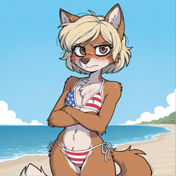 alternate_species american_flag_bikini annoyed back-tie_bikini back-tie_swimwear beach bikini blonde_hair blush breasts brown_body brown_eyes brown_fur chest_tuft clothed clothing cloud crossed_arms embarrassed eyebrows eyelashes female flag flag_bikini flag_clothing flag_print freckles fur furrification hair looking_at_viewer markings navel nipple_outline outside pattern_clothing pattern_swimwear print_bikini print_clothing print_swimwear sand sea seaside side-tie_bikini side-tie_clothing side-tie_swimwear skimpy_bikini sky small_breasts solo stars_and_stripes string_bikini striped_clothing striped_swimwear stripes swimwear tail triangle_bikini tuft united_states_of_america water unknown_director heather_mason_(silent_hill) canid canine fox mammal red_fox 1:1 hi_res