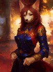 anthro breasts canid canine clothed clothing dress female fully_clothed fur light mammal medieval narrowed_eyes outside smile solo sunlight tahlia_(director) white_body white_fur