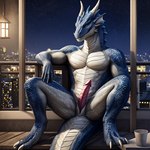 animal_genitalia animal_penis anthro athletic blue_body blue_scales city city_background cloaca erection genital_slit genitals horn inside looking_at_viewer male night nude penis scales seductive sitting slit solo spread_legs spreading white_body yellow_eyes junothewoofer dragon scalie wingless_dragon