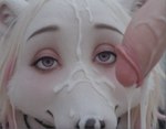 anthro blurred_foreground bodily_fluids bored_expression choker close-up cum cum_drip cum_dripping_from_penis cum_on_face dripping extreme_close-up female fur genital_fluids genitals hair human_genitalia human_penis humor jewelry long_hair male male/female necklace penis purple_eyes solo unimpressed white_body white_fur white_hair human mammal polar_bear ursid ursine hi_res