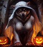 anthro breasts cabin close_up clothing female fluffy ghost_costume grin halloween jack-o'-lantern leaning leaning_forward looking_at_viewer naturally_censored pubes smile solo translucent translucent_clothing yellow_eyes cerinil canid canine canis mammal were werecanid werecanine werewolf wolf hi_res