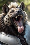 anthro armor bodily_fluids brown_eyes drooling ear_piercing male mouth_shot open_mouth oral_vore piercing saliva solo solo_focus tongue tongue_out vore l649000 hyaenid mammal hi_res