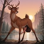animal_genitalia animal_penis antlers bodily_fluids cervine_genitalia cervine_penis cliff dirt dripping feral forest forest_background genital_fluids genitals hooves horn lake leaking_precum male mountains nature nature_background neck_tuft penis plant precum precum_drip precum_on_penis scut_tail short_tail solo sunset throbbing_balls tree tuft water matt3985_(director) phazon bambi cervid cervine mammal hi_res signature