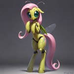 antennae_(anatomy) anthro female hair pink_hair pink_tail solo standing wings yellow_body uverage_(director) fluttershy_(mlp) arthropod hybrid insect mantis attempted_signature hi_res