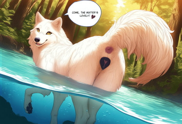 <3 animal_genitalia animal_pussy anus black_claws black_pawpads black_pussy canine_genitalia canine_pussy claws dialogue dutch_angle female feral fluffy fluffy_tail forest forest_background fur genitals lake looking_at_viewer looking_back looking_back_at_viewer nature nature_background partially_submerged pawpads paws pink_anus plant pussy raised_tail rear_view smile smiling_at_viewer solo speech_bubble standing talking_to_viewer text tree water wet wet_body wet_fur white_body white_fur yellow_eyes polar_(director) canid canine canis mammal wolf