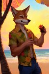 anthro athletic athletic_anthro athletic_male beach belt beverage black_nose bottomwear canid canine canis clothing cloud coyote detailed_background fur male mammal markings orange_eyes outside plant sea seaside shirt shorts smile smiley solo sunset topwear tree water white_markings
