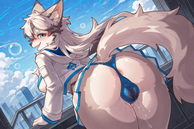 animal_genitalia animal_pussy anthro anus bodily_fluids bottomwear canine_genitalia canine_pussy clothing female genital_fluids genitals pussy pussy_juice skirt solo underwear