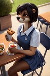 anthro black_hair breakfast brown_eyes chair clothing dark_brown_fur desk female furniture hair round_ears school school_uniform sitting solo straight_hair table teenager uniform young young_female hellapoc deni lutrine mammal mustelid