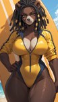 anthro beach big_breasts breasts brown_body brown_fur cleavage clothed clothing curvy_figure dreadlocks female fur hourglass_figure seaside smile solo surfboard wetsuit redstallion_(director) mammal ursid hi_res