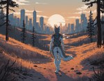 amazing_background ambiguous_gender anthro backpack butt city city_background clothing cloud detailed_background dusk forest grass landscape looking_away nude orange_sky plant rear_view scarf skyscraper solo standing sunset tail_aside topwear tree walking freekhitman canid canine canis mammal wolf absurd_res hi_res