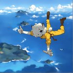 blue_eyes boots clothed clothing cloud day female fingers flying footwear fur gesture hair hair_over_eye island jumpsuit looking_at_viewer one_eye_obstructed outside sea sky skydiving smile solo tail thumbs_up water white_body white_fur white_hair yellow_clothing anonymous_director avian bird canid canine mammal mink mustelid musteline true_musteline