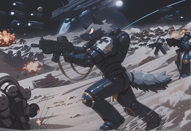 aircraft angry animal_ears anthro armor assault_rifle battle earth explosion group gun headgear helmet holding_gun holding_object holding_weapon machine machine_gun male military moon planet power_armor ranged_weapon red_eyes rifle running science_fiction shooting side_view solo solo_focus space spacecraft tail vehicle weapon wolf_ears wolf_tail arturowolff_(director) warhammer40k arturowolff robot hi_res