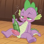 alcohol anthro balls beverage blush bodily_fluids dripping drunk genital_fluids genitals male mythology penis presenting sitting_on_ground solo spread_legs spreading substance_intoxication girka friendship_is_magic my_little_pony spike_(mlp) dragon mythological_creature mythological_scalie scalie