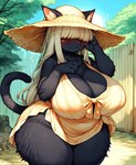 4_fingers anthro big_breasts black_body black_fur blush breasts cleavage clothed clothing dress embarrassed felid female fingers fur hair hair_over_eyes hand_on_face hi_res huge_breasts long_hair mammal slightly_chubby solo sun_hat thick_thighs white_hair wide_hips